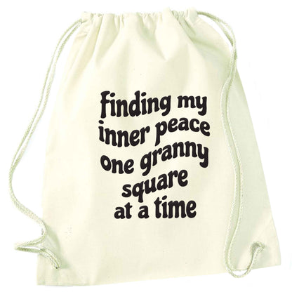 Finding My Inner Peace One Granny Square at a Time natural drawstring bag