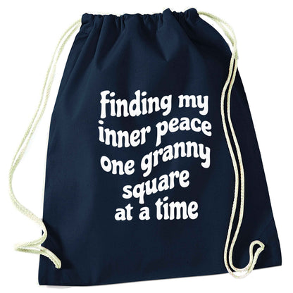 Finding My Inner Peace One Granny Square at a Time navy drawstring bag