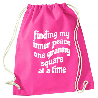 Finding My Inner Peace One Granny Square at a Time pink drawstring bag