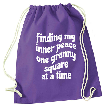 Finding My Inner Peace One Granny Square at a Time purple drawstring bag