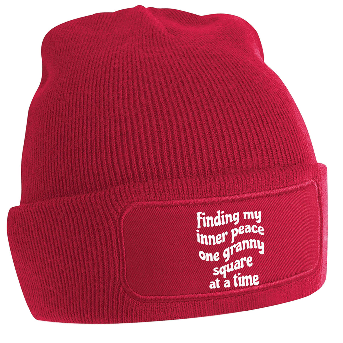 Finding My Inner Peace One Granny Square at a Time red beanie hat