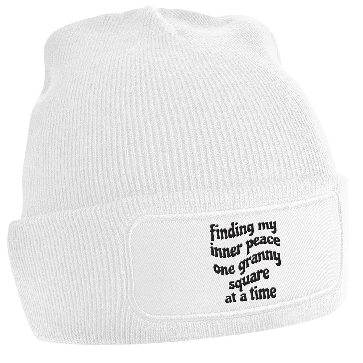 Finding My Inner Peace One Granny Square at a Time white beanie hat
