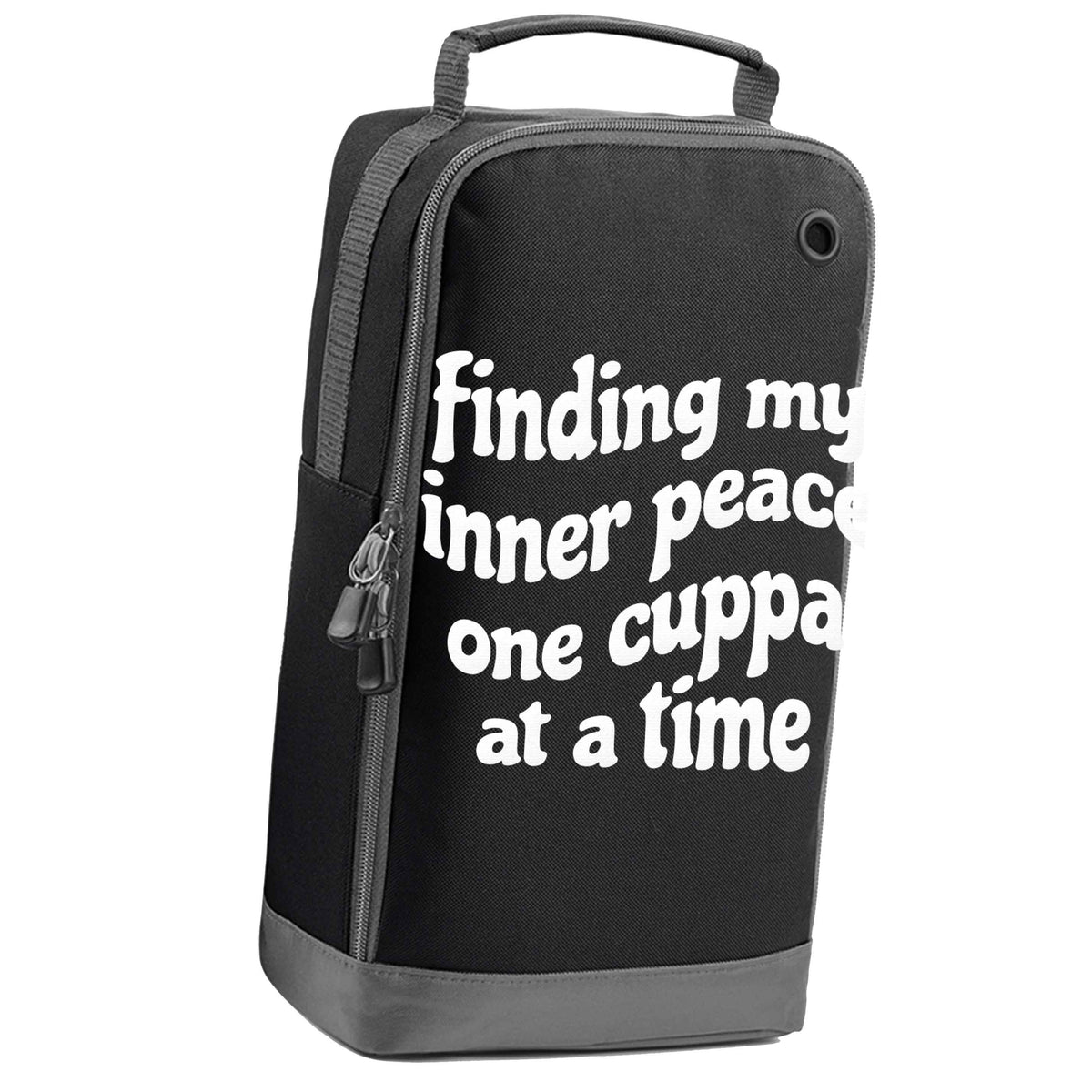 Finding My Inner Peace One Cuppa at a Time black sports shoe bag vertical print