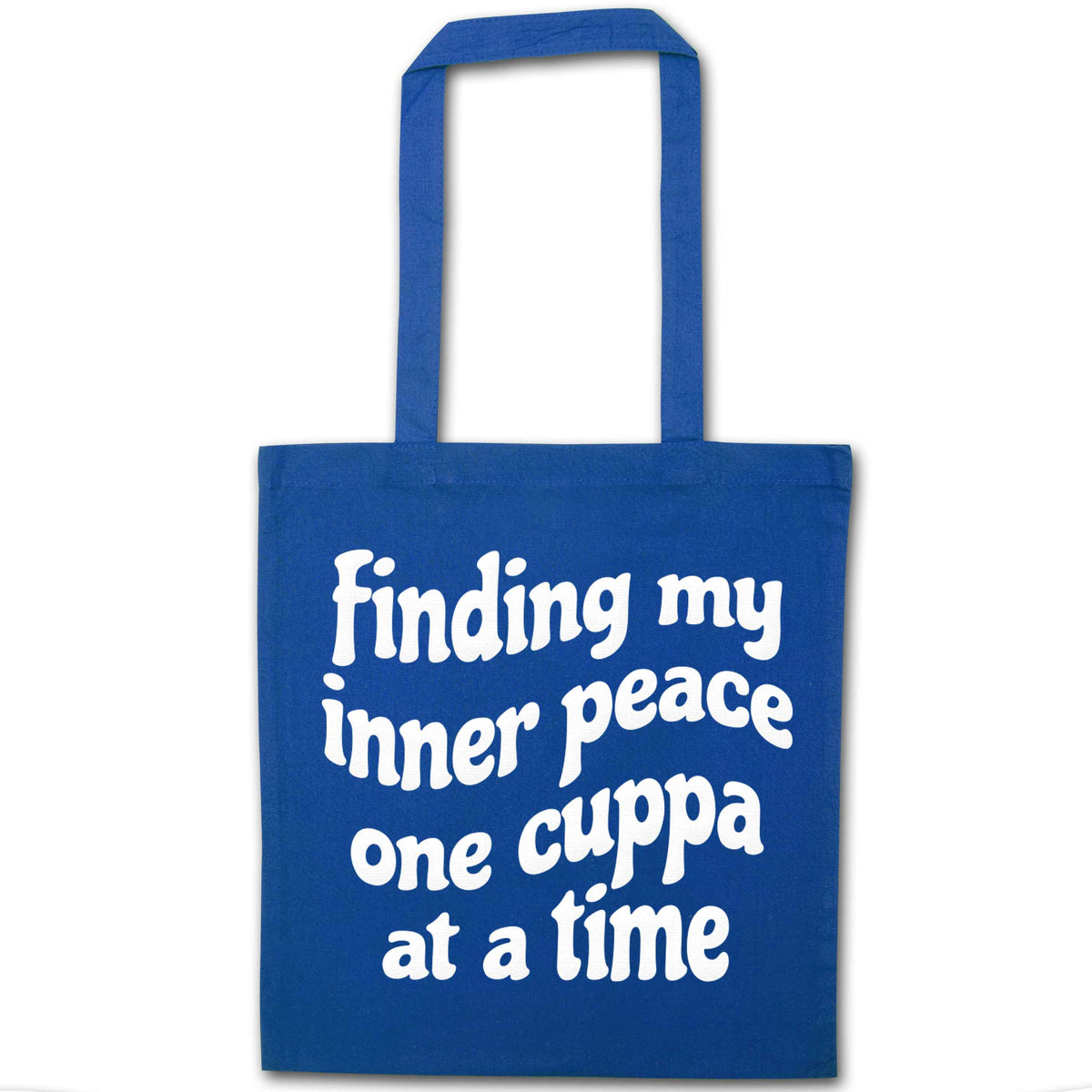 Finding My Inner Peace One Cuppa at a Time blue tote bag