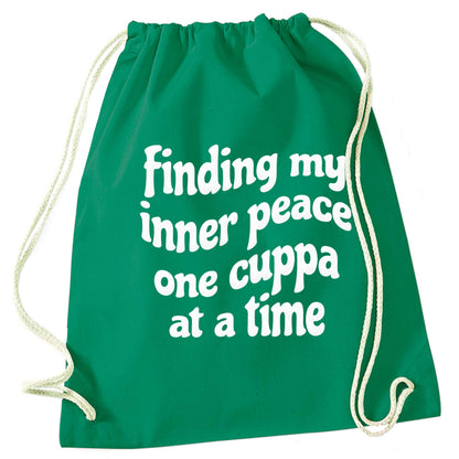 Finding My Inner Peace One Cuppa at a Time green drawstring bag