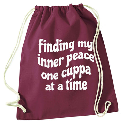 Finding My Inner Peace One Cuppa at a Time maroon drawstring bag