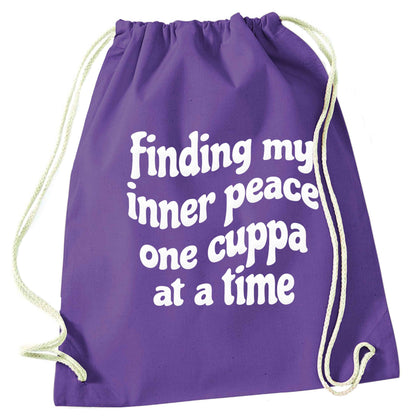 Finding My Inner Peace One Cuppa at a Time purple drawstring bag