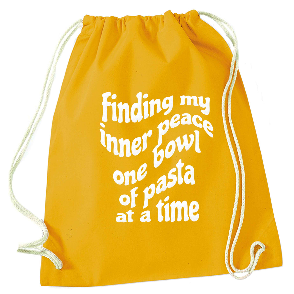 Finding My Inner Peace One Bowl of Pasta at a Time mustard drawstring bag
