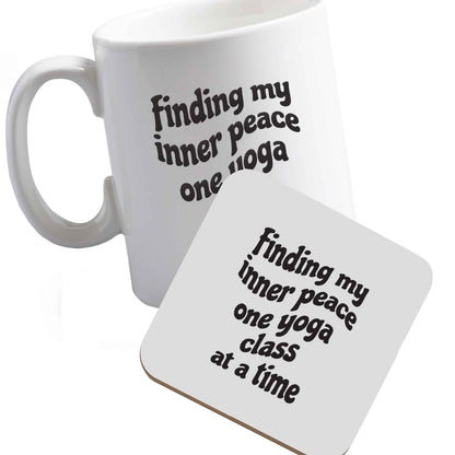 10 oz Ceramic mug and coaster Finding My Inner Peace One Yoga Class at a Time right handed