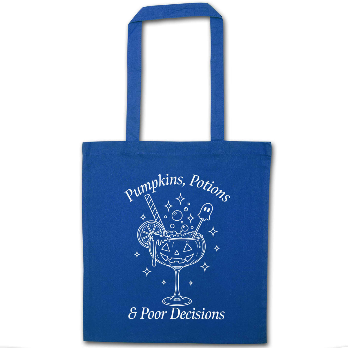 Pumpkins, Potions & Poor Decisions blue tote bag