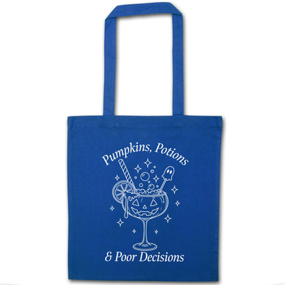 Pumpkins, Potions & Poor Decisions blue tote bag