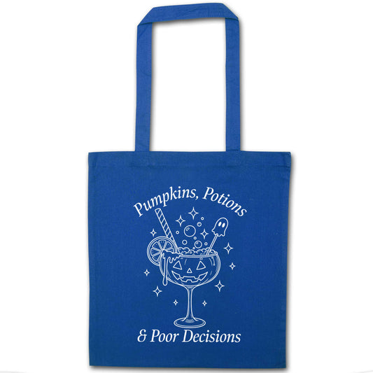 Pumpkins, Potions & Poor Decisions blue tote bag