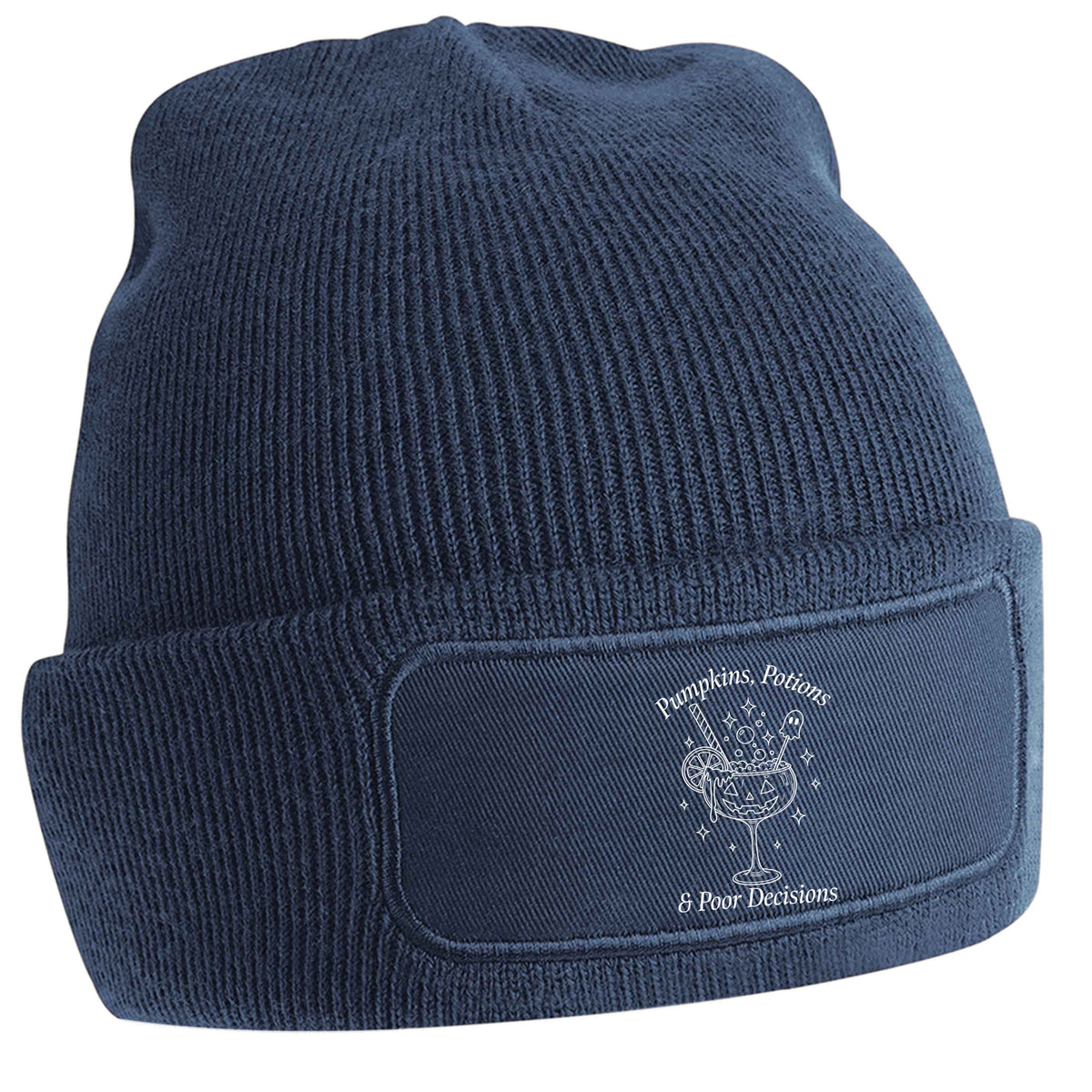 Pumpkins, Potions & Poor Decisions navy beanie hat
