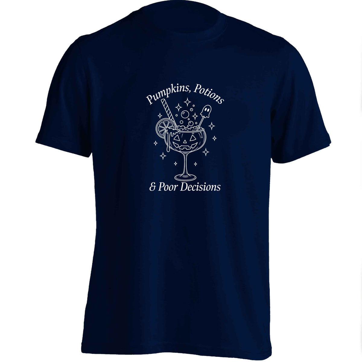 Pumpkins, Potions & Poor Decisions adults unisex navy Tshirt 2XL