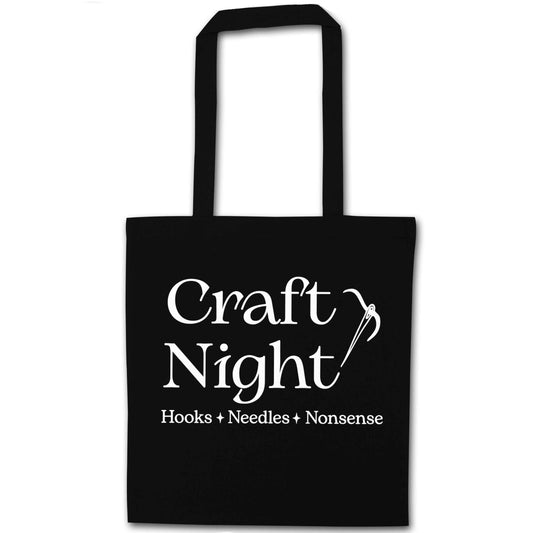 Craft night, hooks needles nonsense black tote bag