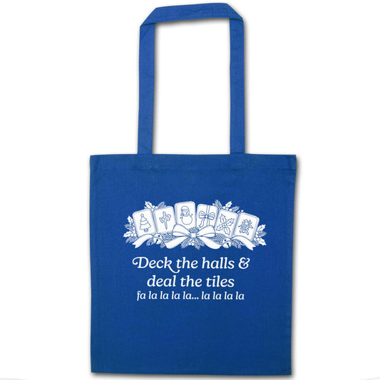 Deck the Halls & Deal the Tiles blue tote bag