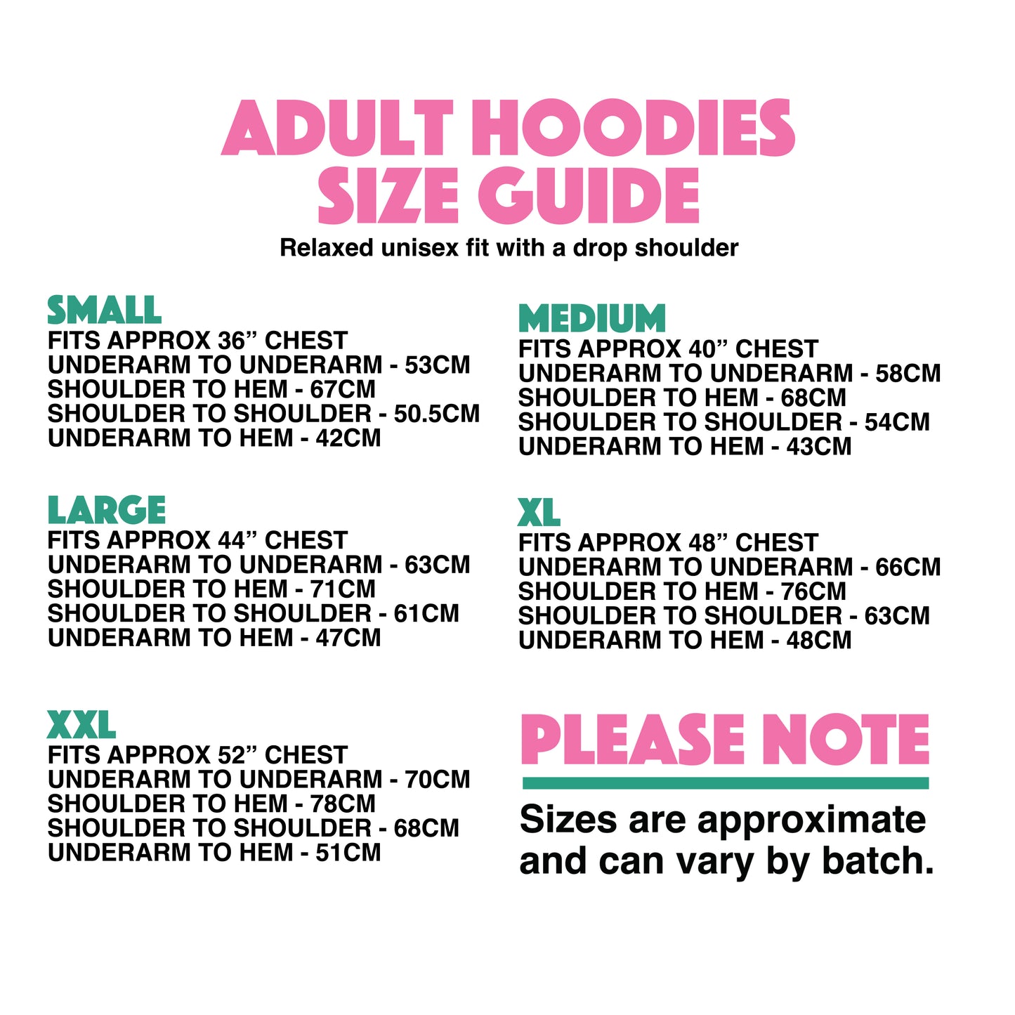 Adult's hoodie size guide illustration