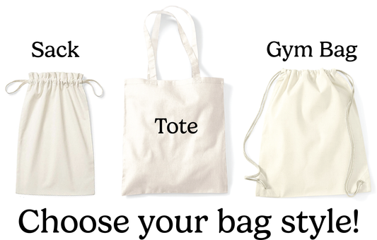 image of three different bag styles all in a natural cotton colour. The left bag is a drawstring with no handles or straps, the middle is a square tote bag with long handles and the right one is a gym bag with cord straps that pull into a drawstring. Underneath the text says choose your bag style and above it says sack, tote and gym bag