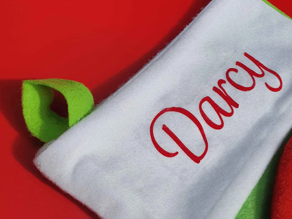 close up of personalised name on elf christmas stocking