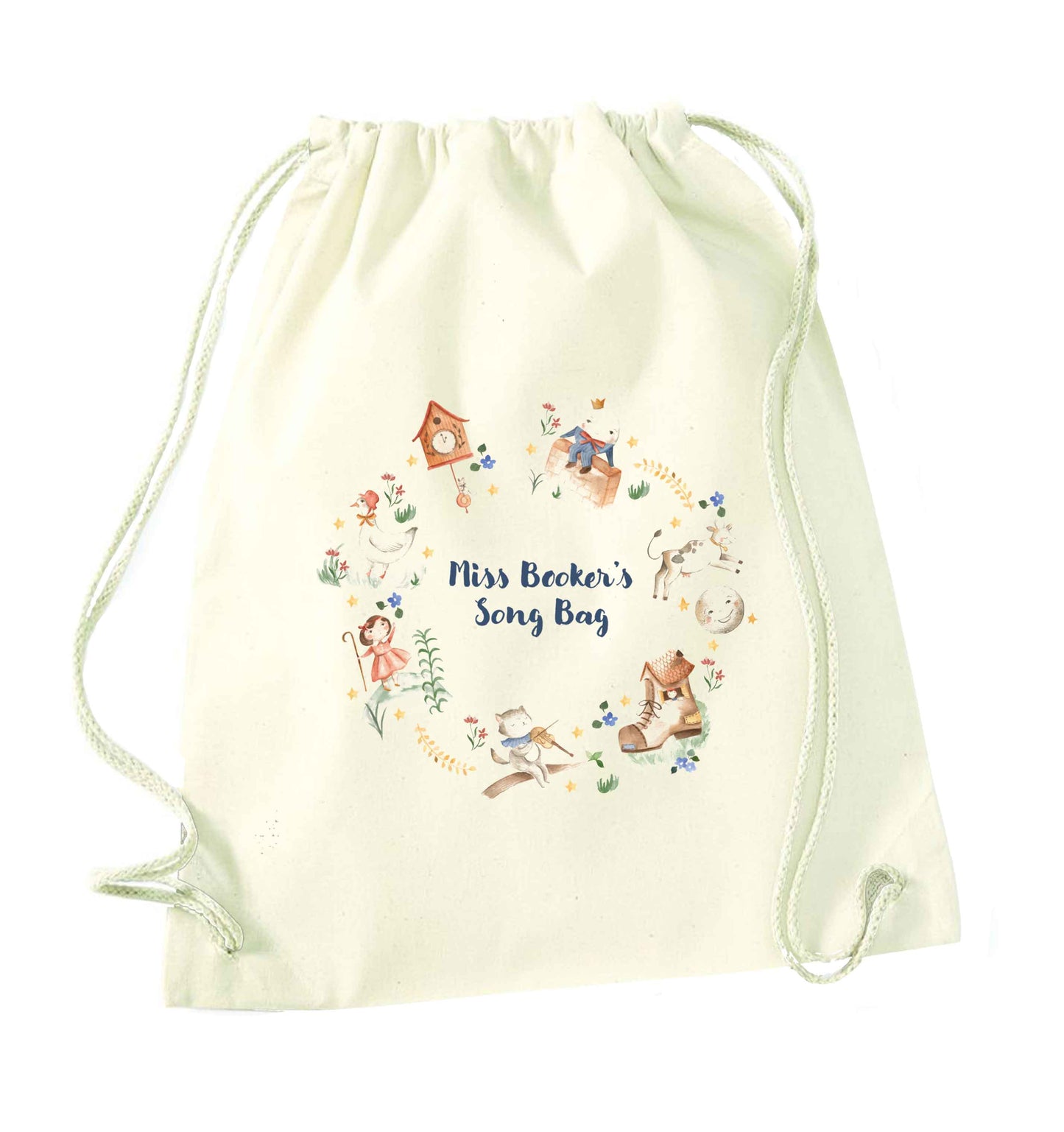 Image shows a cream coloured cotton drawstring gym bag. Printed on the bag is some colourful illustrations from nursery rhymes, humpty dumpty, little bo peep, a clock, a boot, a goos, a cat and the fiddle and a cow and a moon. The watercolour illustrations are arranged in a wreath shape with the words 'Grace's son bang' written in blue in the middle.