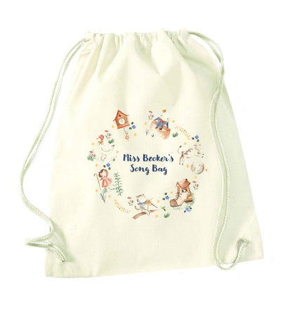 Image shows a cream coloured cotton drawstring gym bag. Printed on the bag is some colourful illustrations from nursery rhymes, humpty dumpty, little bo peep, a clock, a boot, a goos, a cat and the fiddle and a cow and a moon. The watercolour illustrations are arranged in a wreath shape with the words 'Grace's son bang' written in blue in the middle.