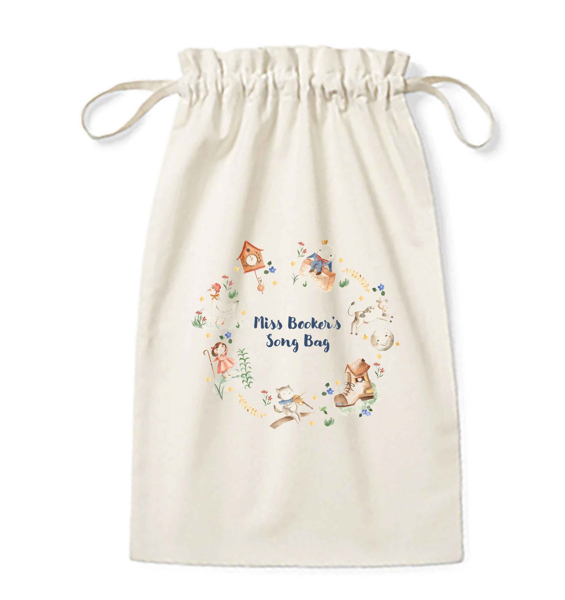 Image shows a cream coloured cotton drawstring pouch / sack. Printed on the bag is some colourful illustrations from nursery rhymes, humpty dumpty, little bo peep, a clock, a boot, a goos, a cat and the fiddle and a cow and a moon. The watercolour illustrations are arranged in a wreath shape with the words 'Grace's son bang' written in blue in the middle.