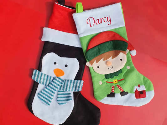 penguin and elf personalised christmas stocking