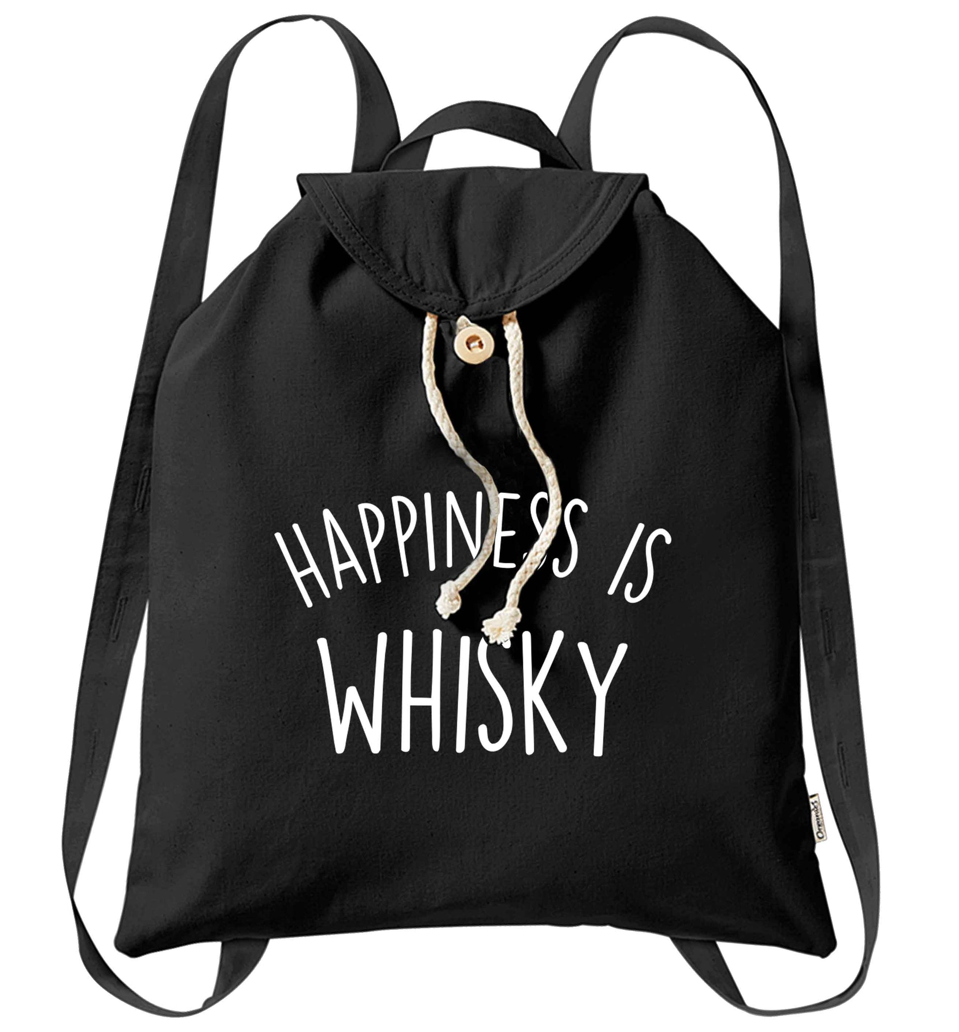 Happiness is whisky organic cotton backpack tote with wooden buttons in black