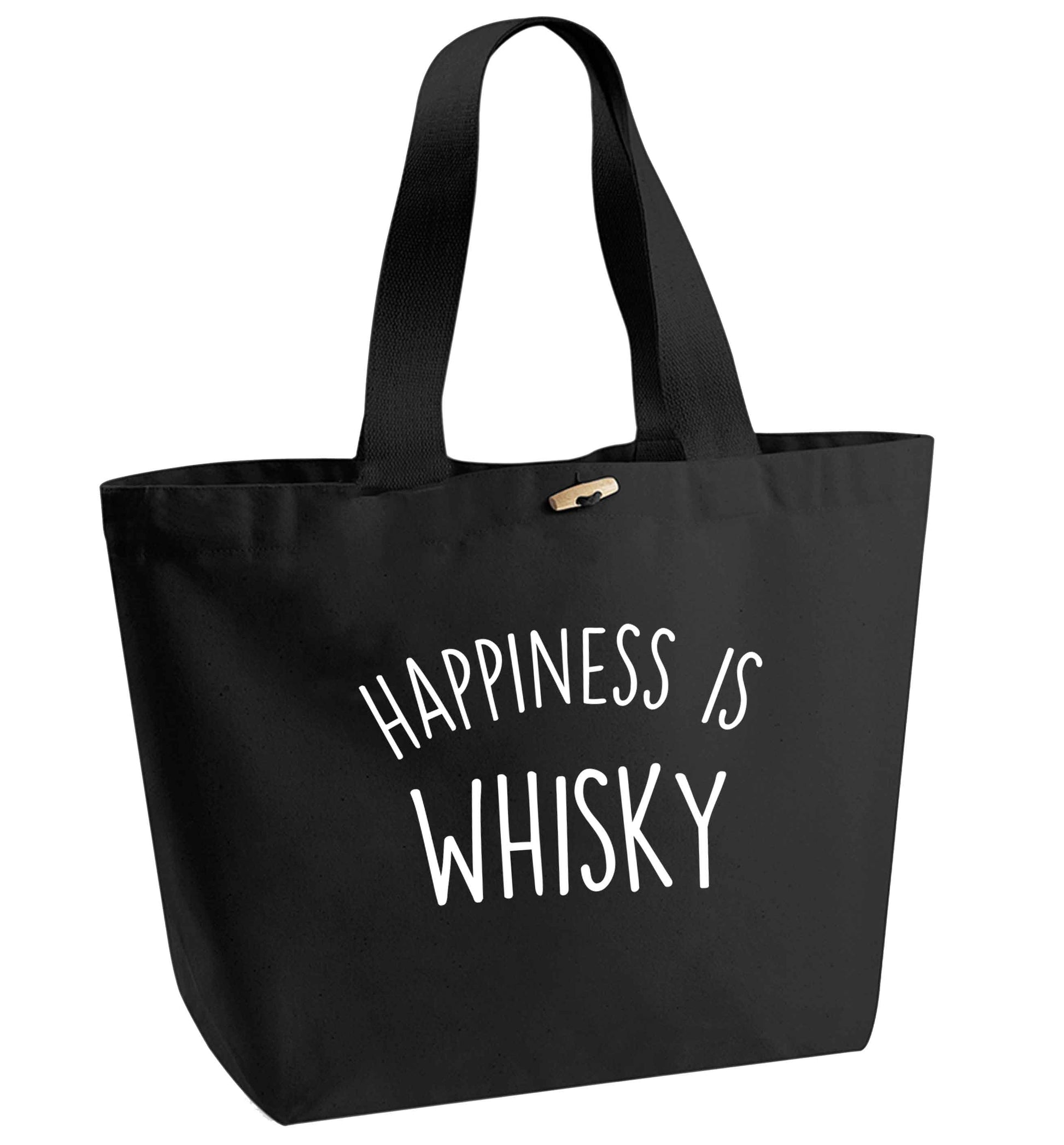 Happiness is whisky organic cotton premium tote bag with wooden toggle in black