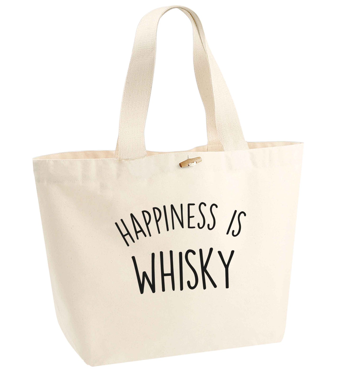 Happiness is whisky organic cotton premium tote bag with wooden toggle in natural