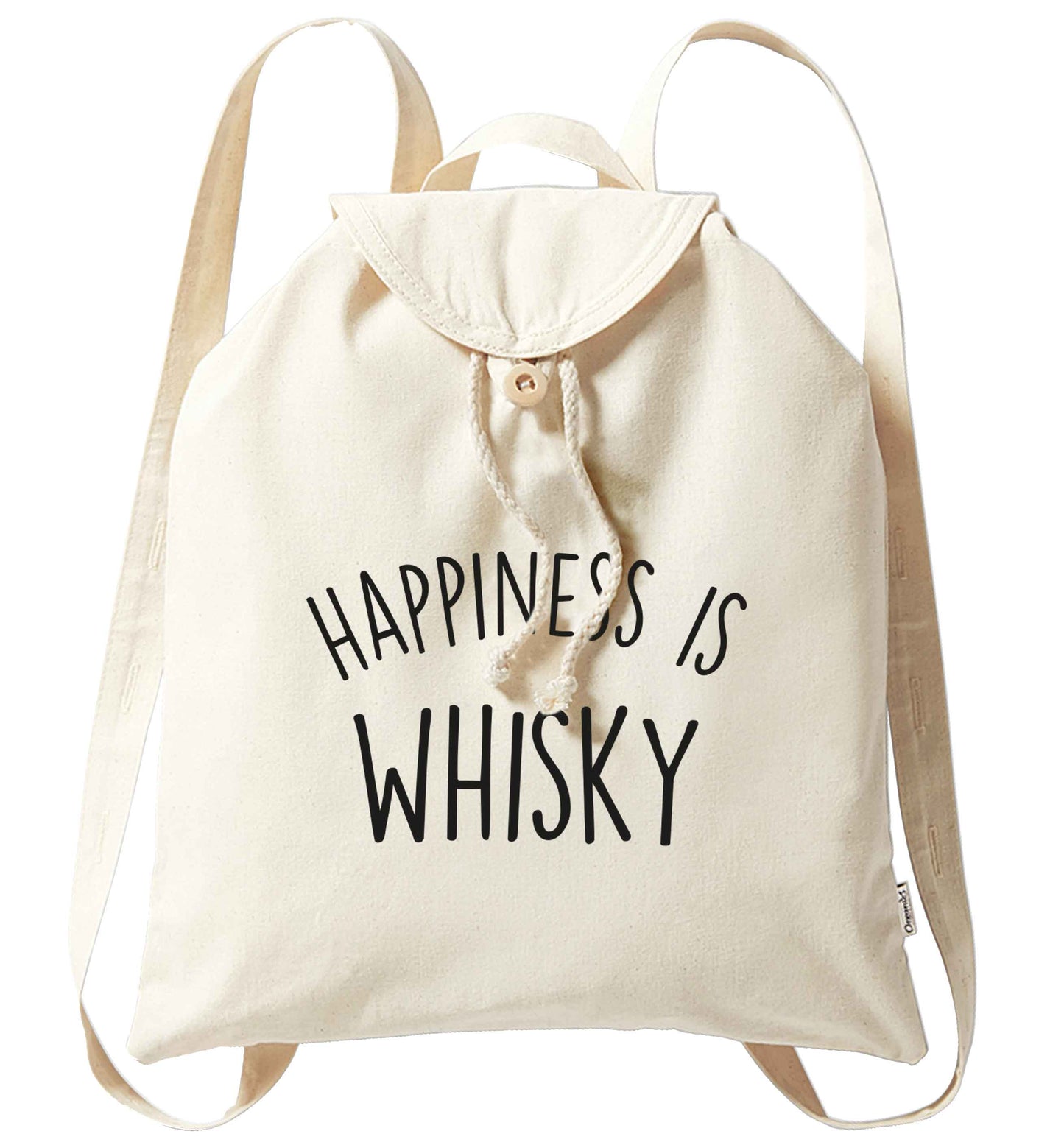 Happiness is whisky organic cotton backpack tote with wooden buttons in natural