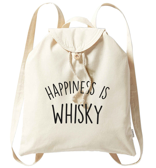 Happiness is whisky organic cotton backpack tote with wooden buttons in natural