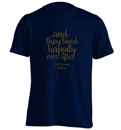 ...and they lived happily ever after - personalised date and names adults unisex navy Tshirt 2XL