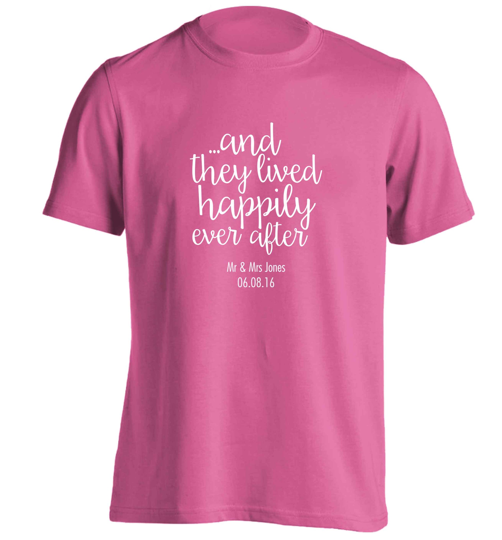 ...and they lived happily ever after - personalised date and names adults unisex pink Tshirt 2XL
