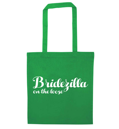 Bridezilla on the loose green tote bag