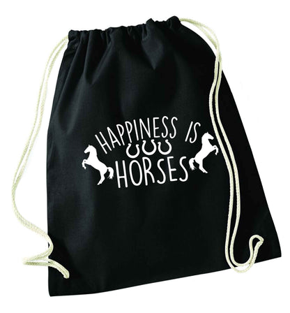Happiness is horses black drawstring bag