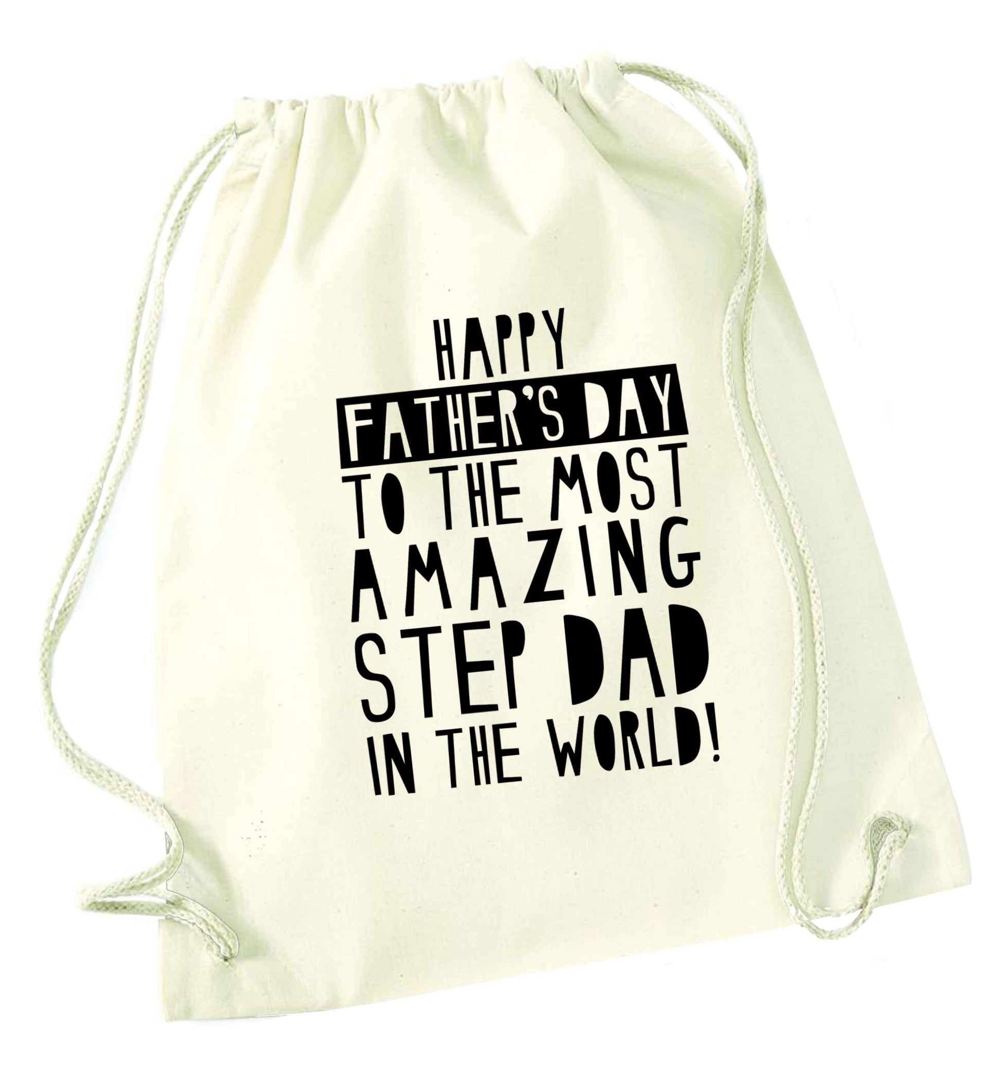 Happy Father's day to the best step dad in the world natural drawstring bag