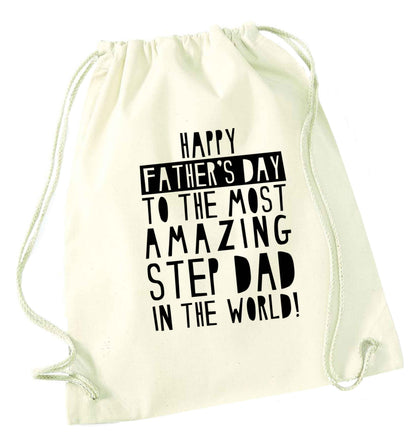 Happy Father's day to the best step dad in the world natural drawstring bag