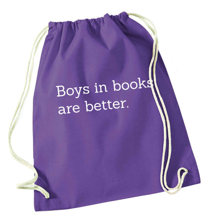 Boys in books are better purple drawstring bag