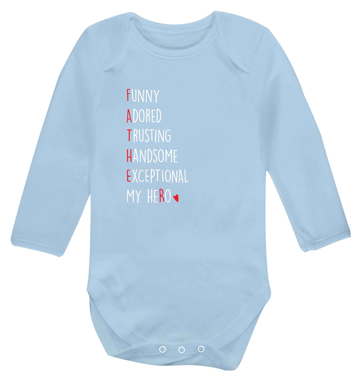 Father meaning hero acrostic poem baby vest long sleeved pale blue 6-12 months