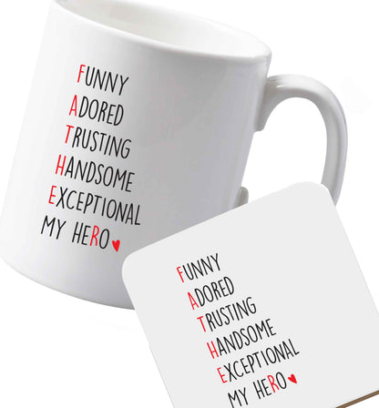 10 oz Ceramic mug and coaster Father meaning hero acrostic poem both sides