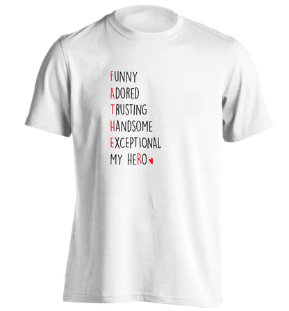 Father meaning hero acrostic poem adults unisex white Tshirt 2XL