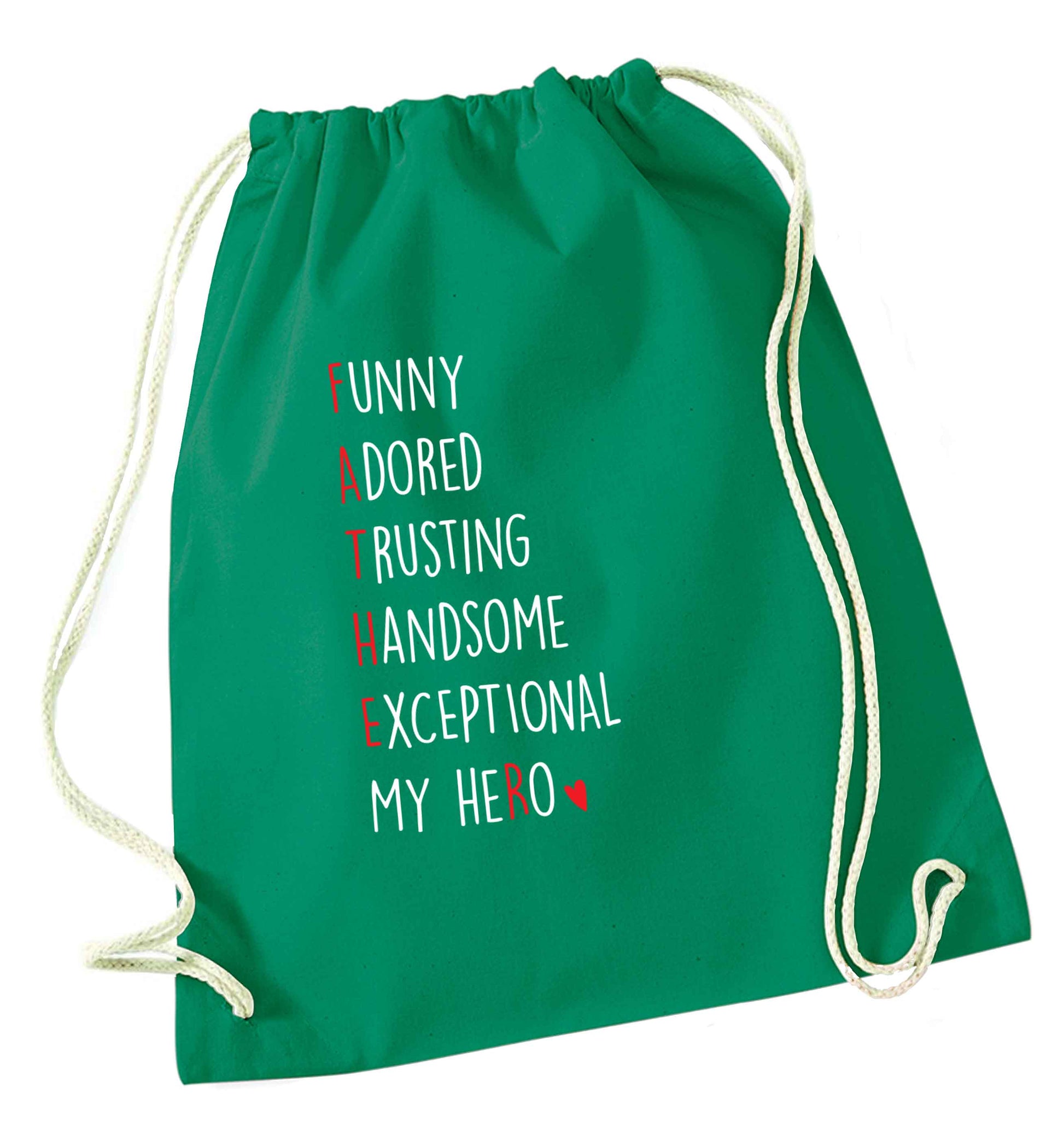Father, funny adored trusting handsome exceptional my hero green drawstring bag