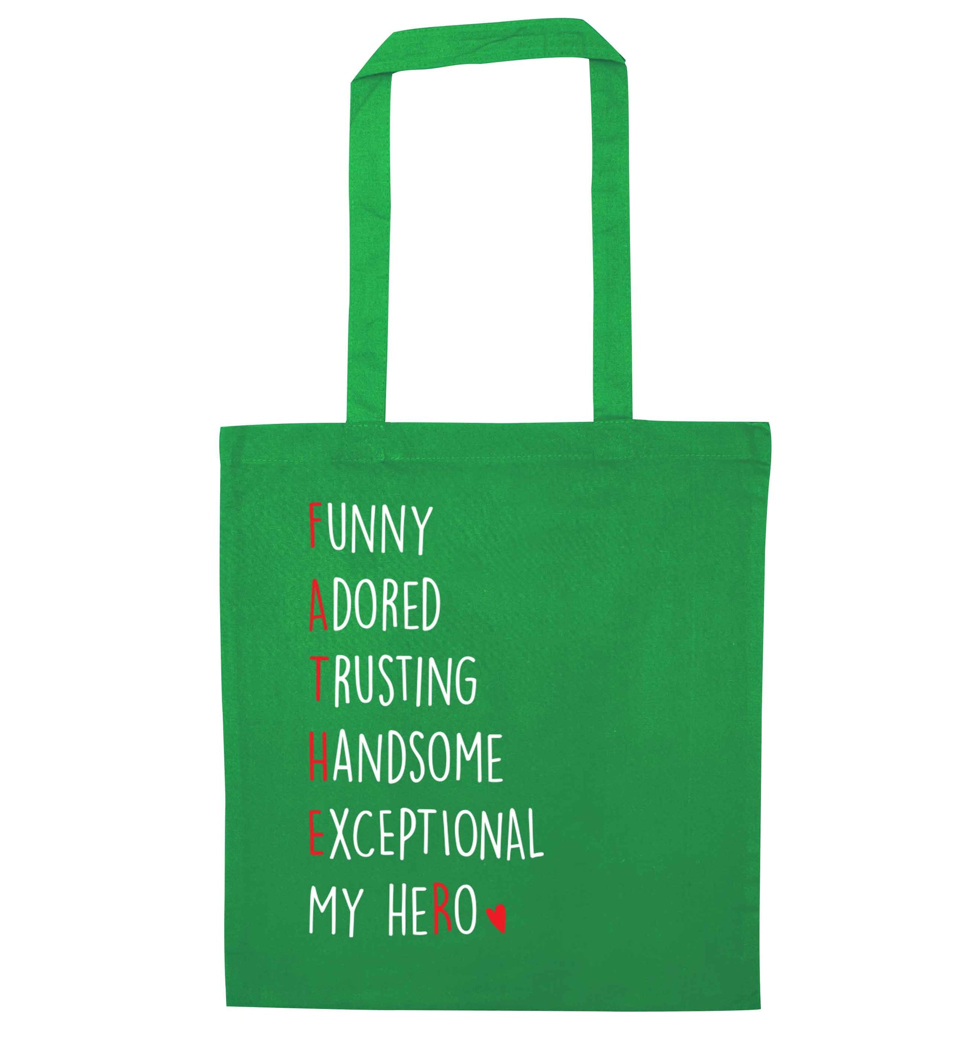 Father, funny adored trusting handsome exceptional my hero green tote bag