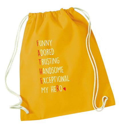 Father, funny adored trusting handsome exceptional my hero mustard drawstring bag