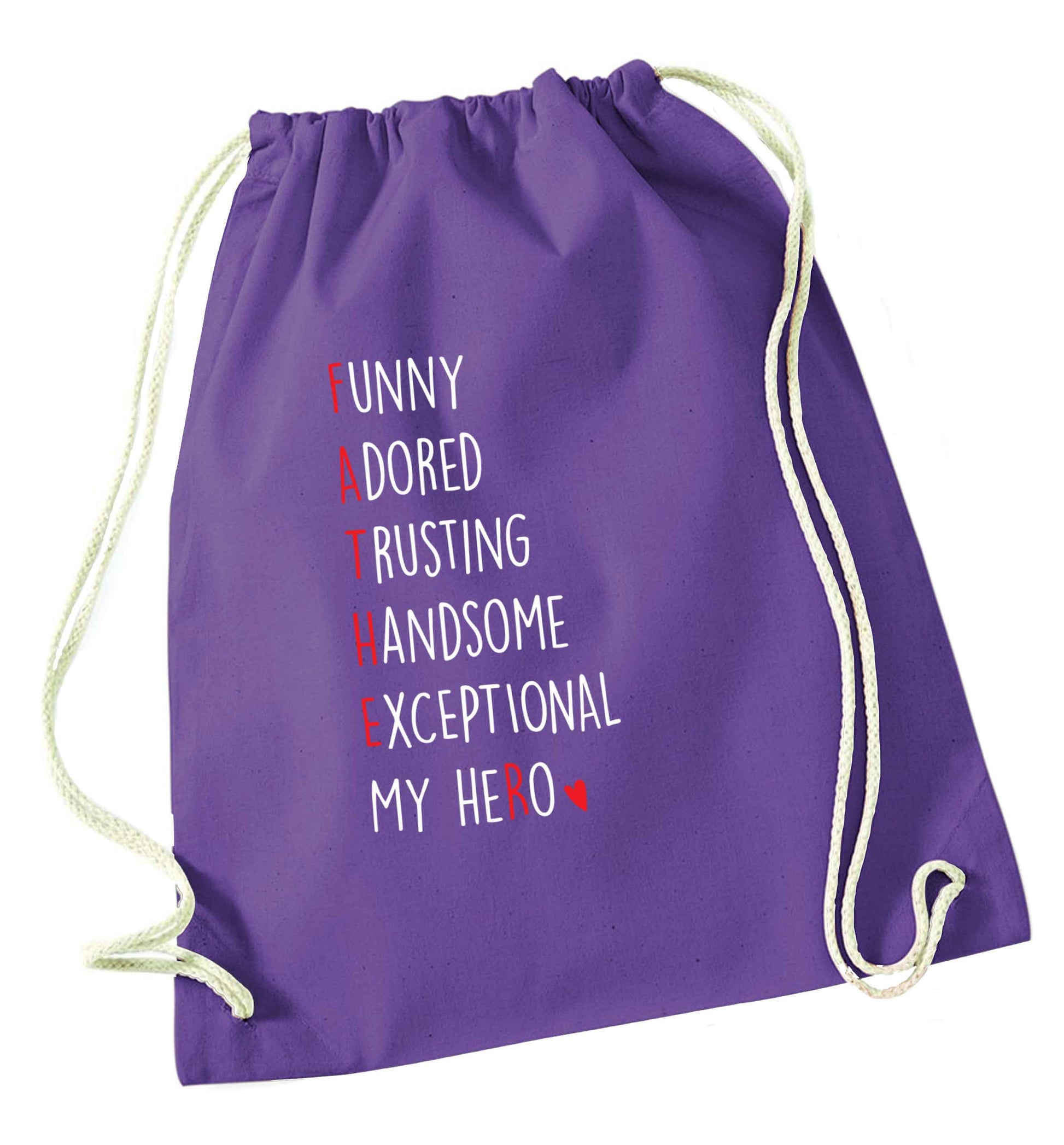 Father, funny adored trusting handsome exceptional my hero purple drawstring bag