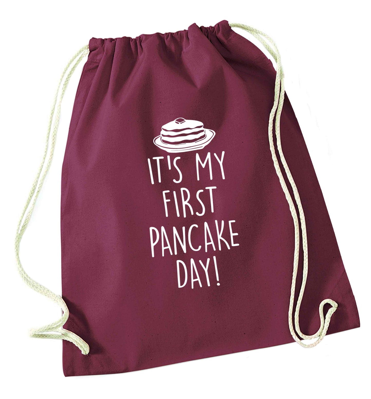 It's my first pancake day maroon drawstring bag