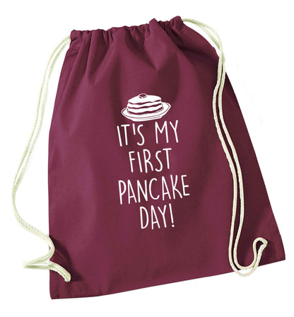 It's my first pancake day maroon drawstring bag