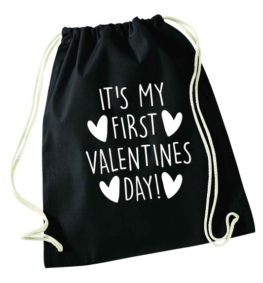 It's my first valentines day! black drawstring bag
