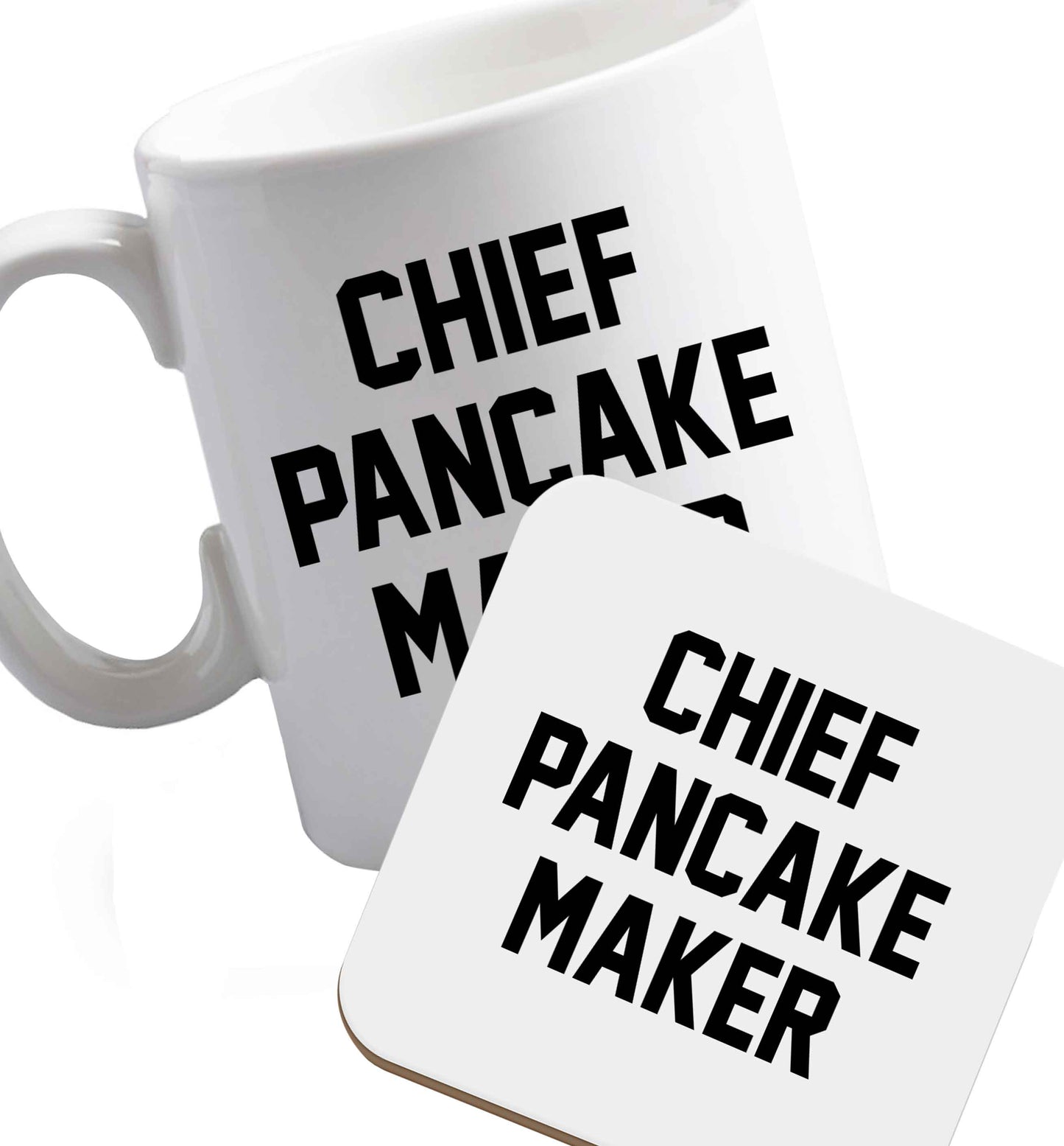 10 oz Favourite Type Pan Pancake ceramic mug and coaster set right handed